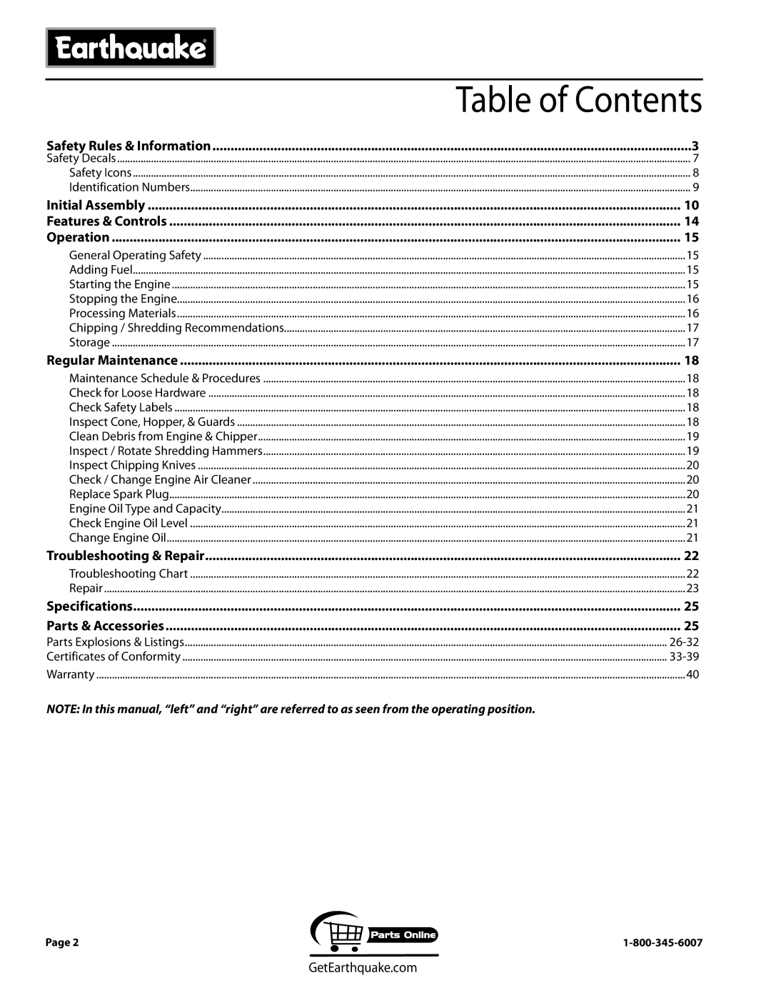 EarthQuake 9070300, 9050140, 9060140, 9060300, 1692210, 9010140, 9010400, 9050300, 1692327 operating instructions Table of Contents 