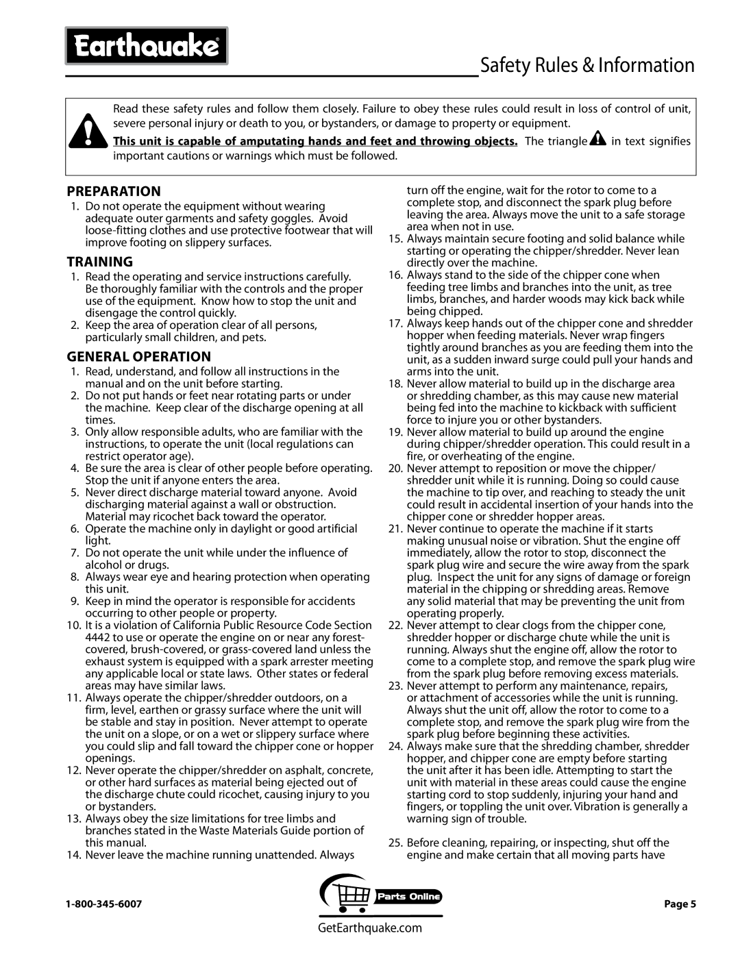 EarthQuake 9010140, 9050140, 9060140, 9070300, 9060300 Safety Rules & Information, Preparation, Training, General operation 