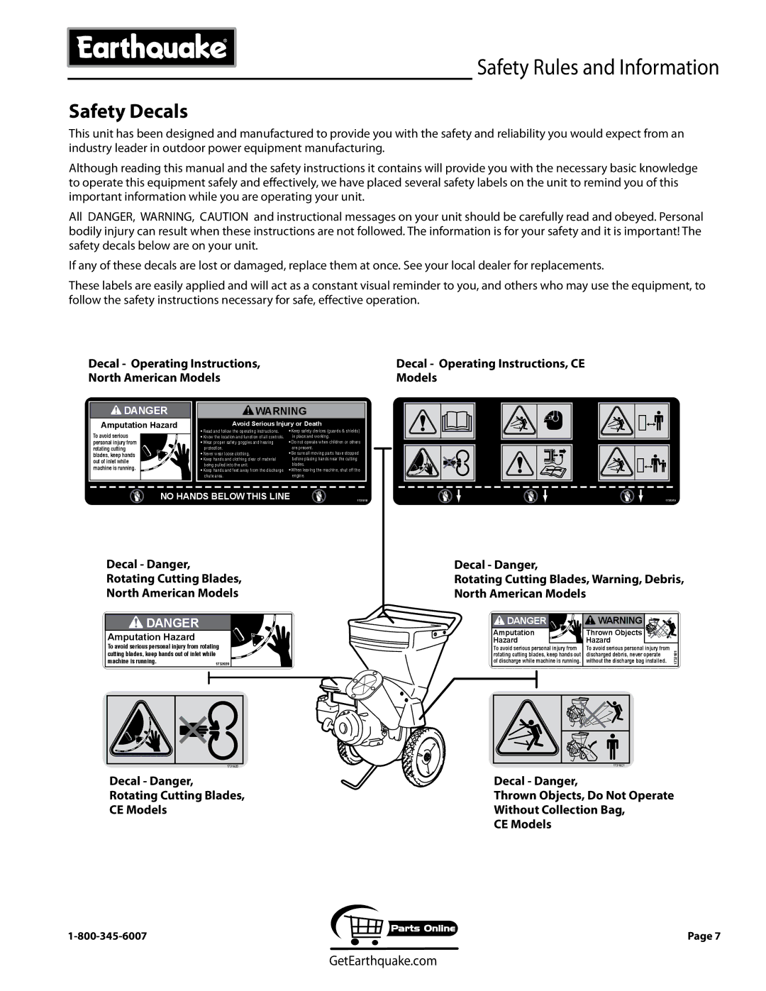 EarthQuake 9050300, 9050140, 9060140, 9070300, 9060300 Safety Decals, Decal Operating Instructions North American Models 