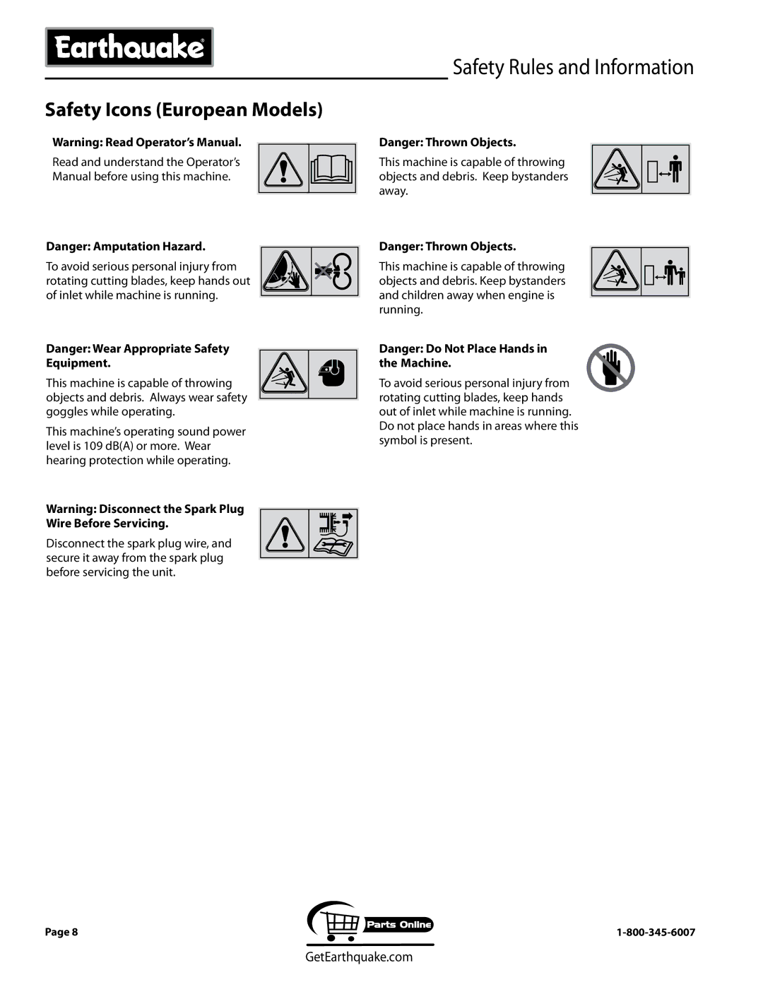 EarthQuake 1692327, 9050140, 9060140, 9070300, 9060300, 1692210 Safety Icons European Models, Equipment, Wire Before Servicing 