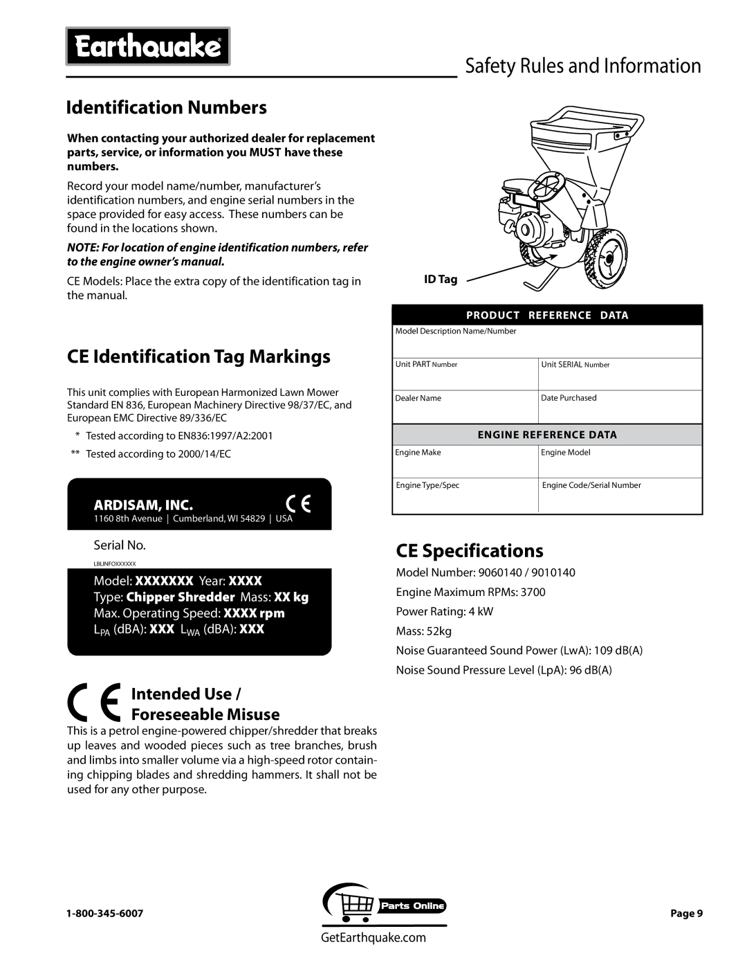 EarthQuake 9050140, 9060140, 9070300 Identification Numbers, CE Identification Tag Markings, CE Specifications, ID Tag 