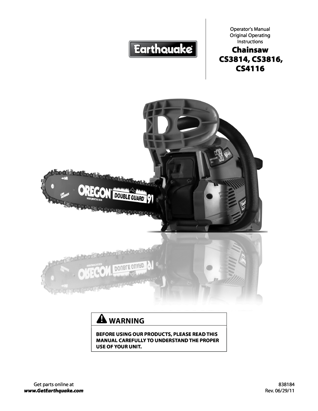 EarthQuake manual Chainsaw CS3814, CS3816 CS4116, Operators Manual Original Operating Instructions, 838184 