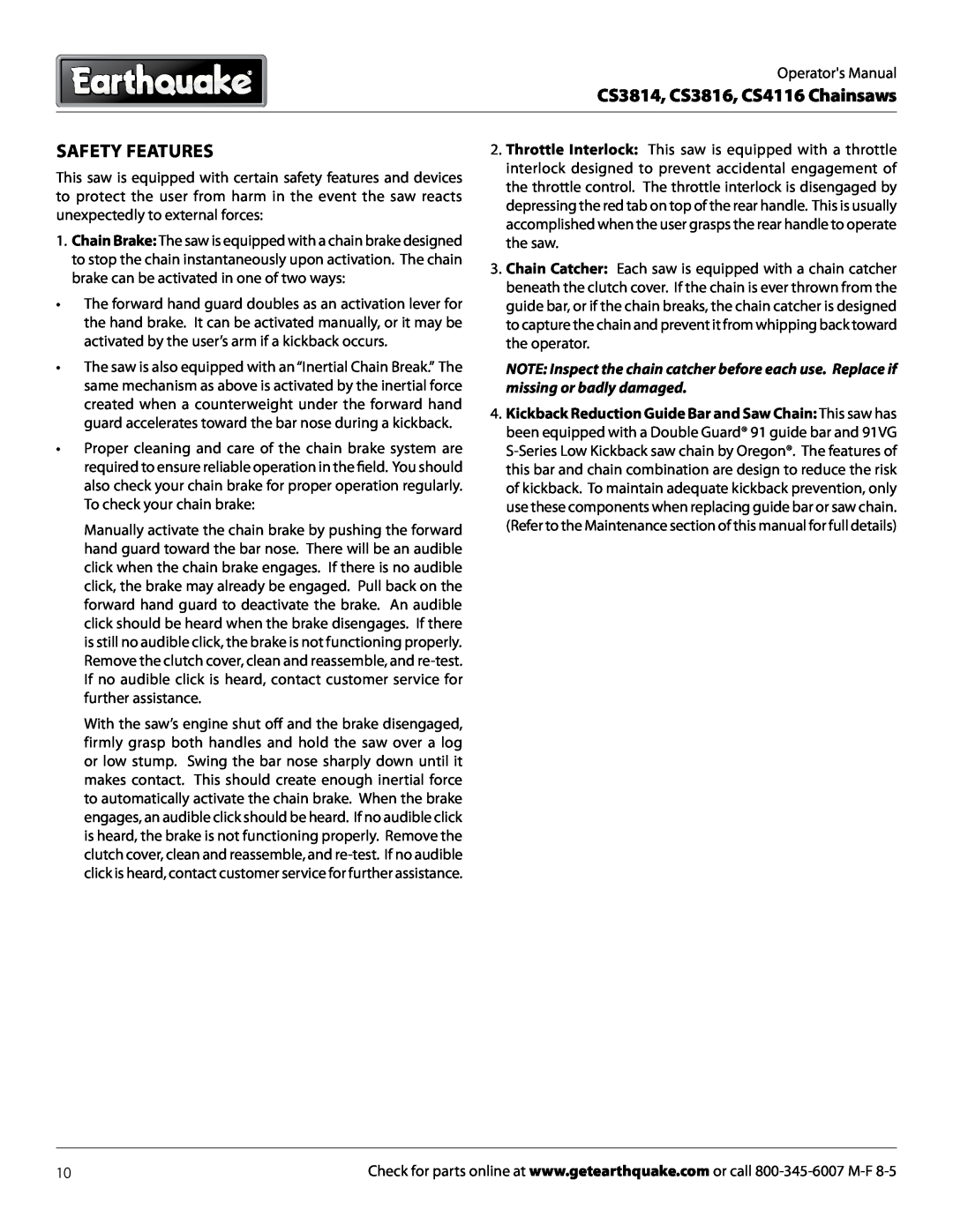 EarthQuake manual Safety Features, CS3814, CS3816, CS4116 Chainsaws 