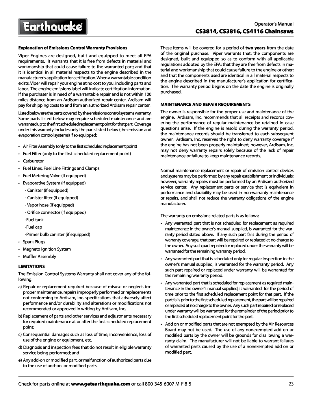 EarthQuake manual CS3814, CS3816, CS4116 Chainsaws, Explanation of Emissions Control Warranty Provisions, Limitations 