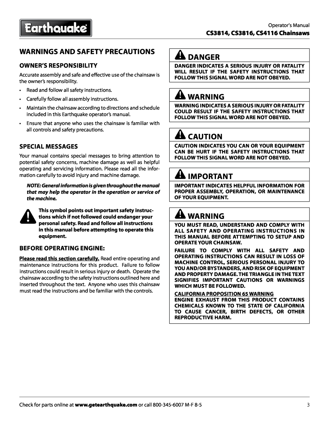 EarthQuake CS3814 manual Warnings and Safety Precautions, Owner’S Responsibility, Special Messages, Before Operating Engine 