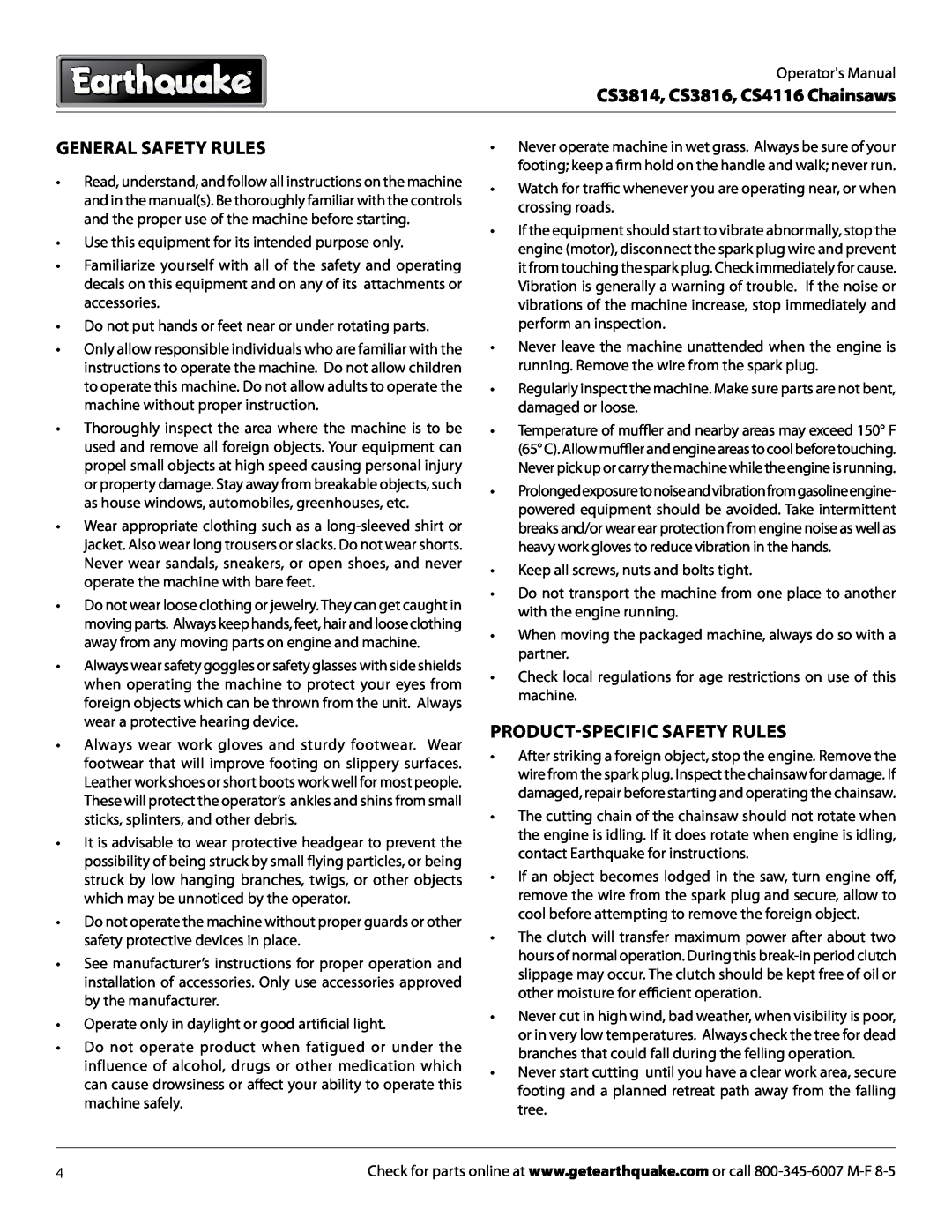 EarthQuake manual General Safety Rules, Product-Specific Safety Rules, CS3814, CS3816, CS4116 Chainsaws 