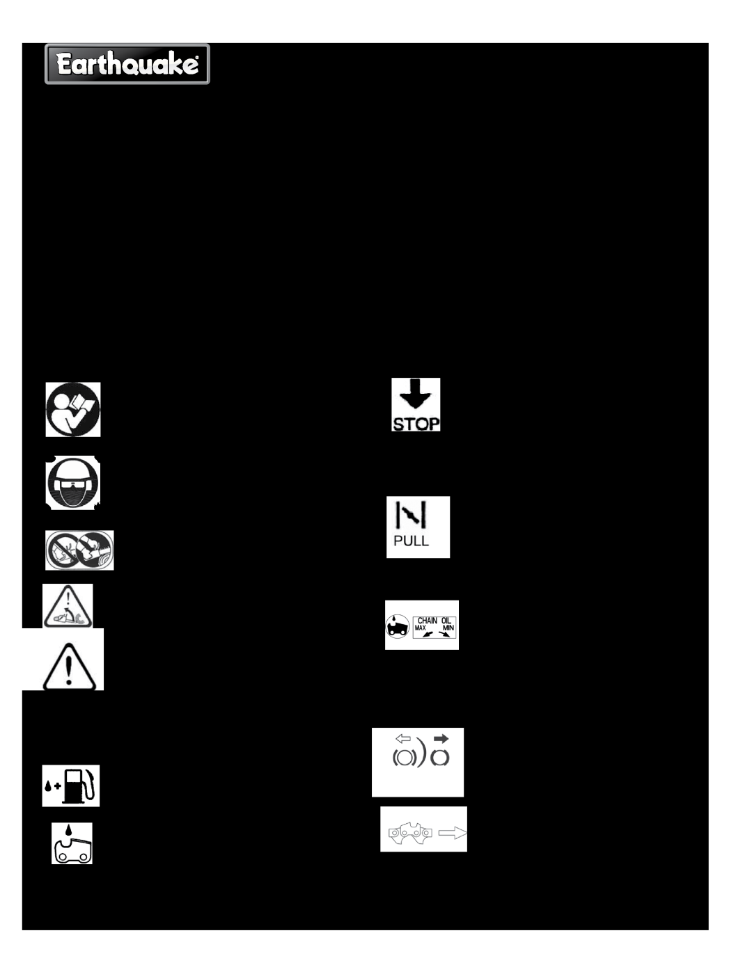 EarthQuake manual CS3814, CS3816, CS4116 Chainsaws SAFETY DECALS 