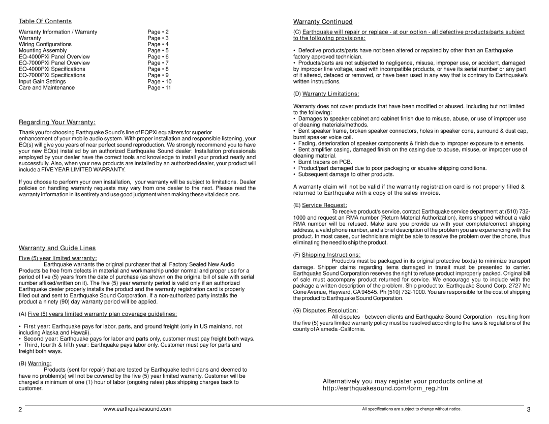 EarthQuake EQ7000PXI, EQ4000PXI owner manual Table Of Contents, Regarding Your Warranty, Warranty and Guide Lines 