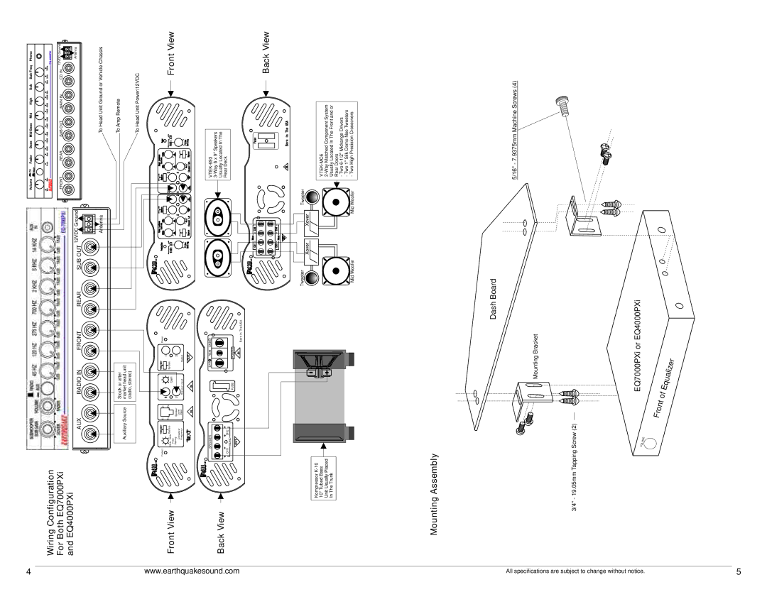 EarthQuake EQ4000PXI Wiring Configuration For Both EQ7000PXi, EQ4000PXi, Front View, Back View, Mounting Assembly 