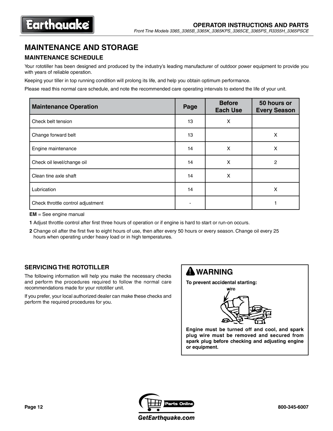 EarthQuake 3365PSCE, R3355H, 3365B Maintenance Schedule, Maintenance Operation Before Hours or, Servicing the Rototiller 