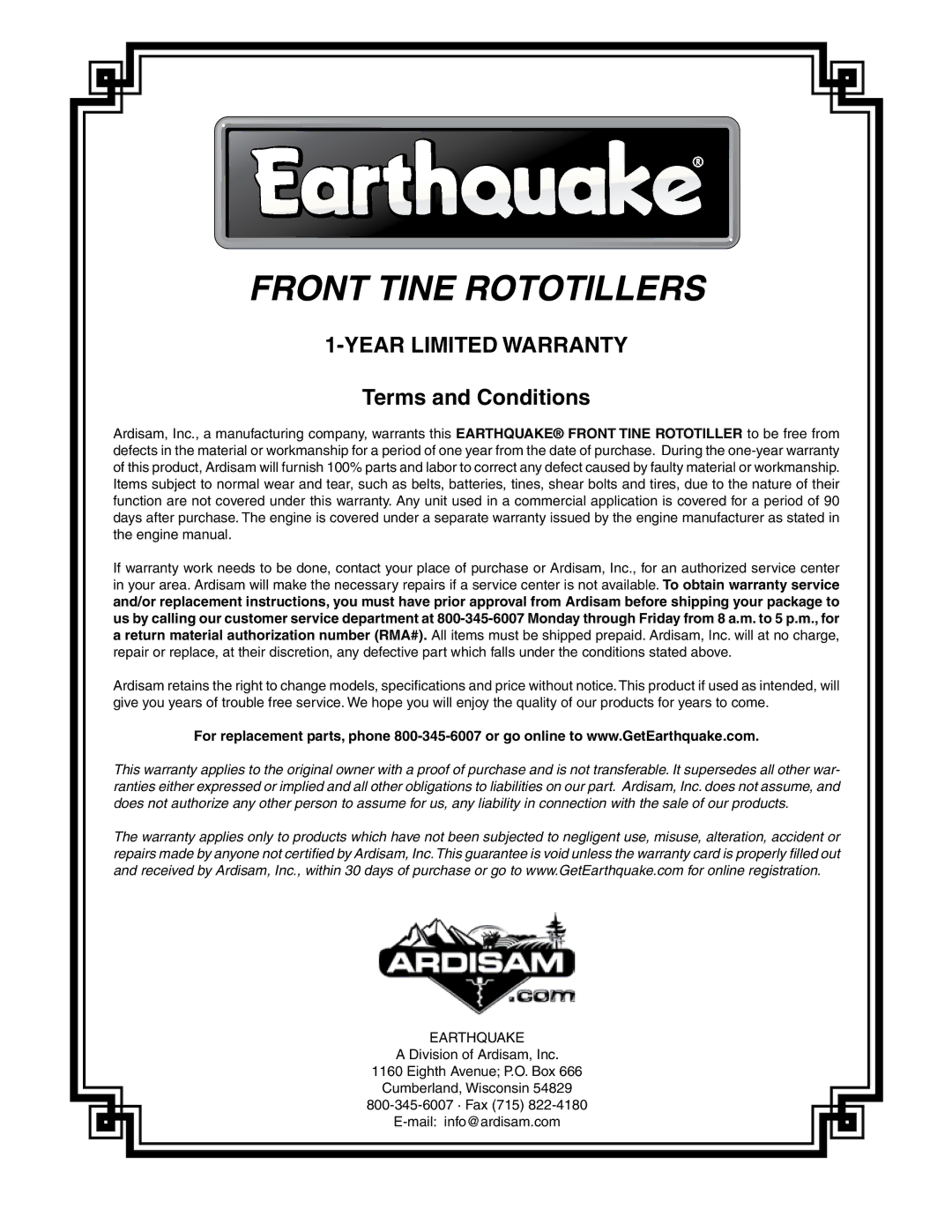 EarthQuake MODEL 3365PS, R3355H, MODEL 3365K, 3365PSCE Front Tine Rototillers, Year Limited Warranty Terms and Conditions 