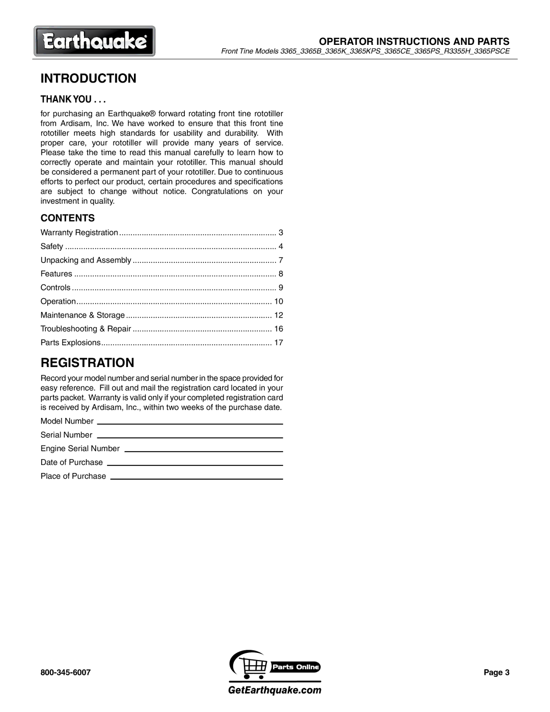 EarthQuake MODEL 3365KPS, R3355H, MODEL 3365PS, 3365PSCE, 3365B, MODEL 3365CE manual Introduction, Contents 