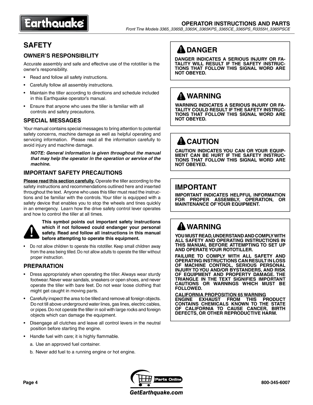 EarthQuake 3365PSCE, R3355H, 3365B manual OWNER’S Responsibility, Special Messages, Important Safety Precautions, Preparation 