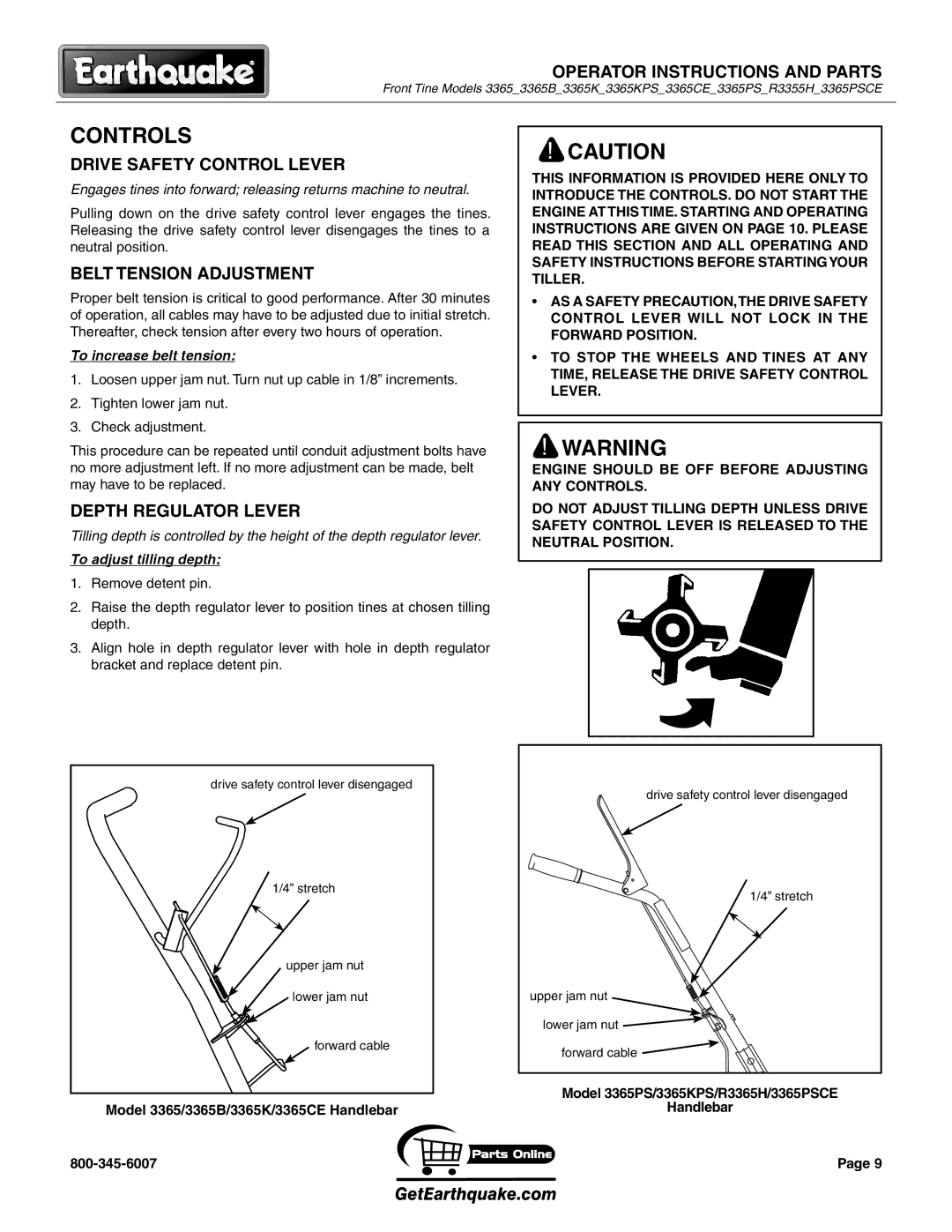 EarthQuake MODEL 3365PS, R3355H, 3365B Controls, Drive Safety Control Lever, Belt Tension Adjustment, Depth Regulator Lever 