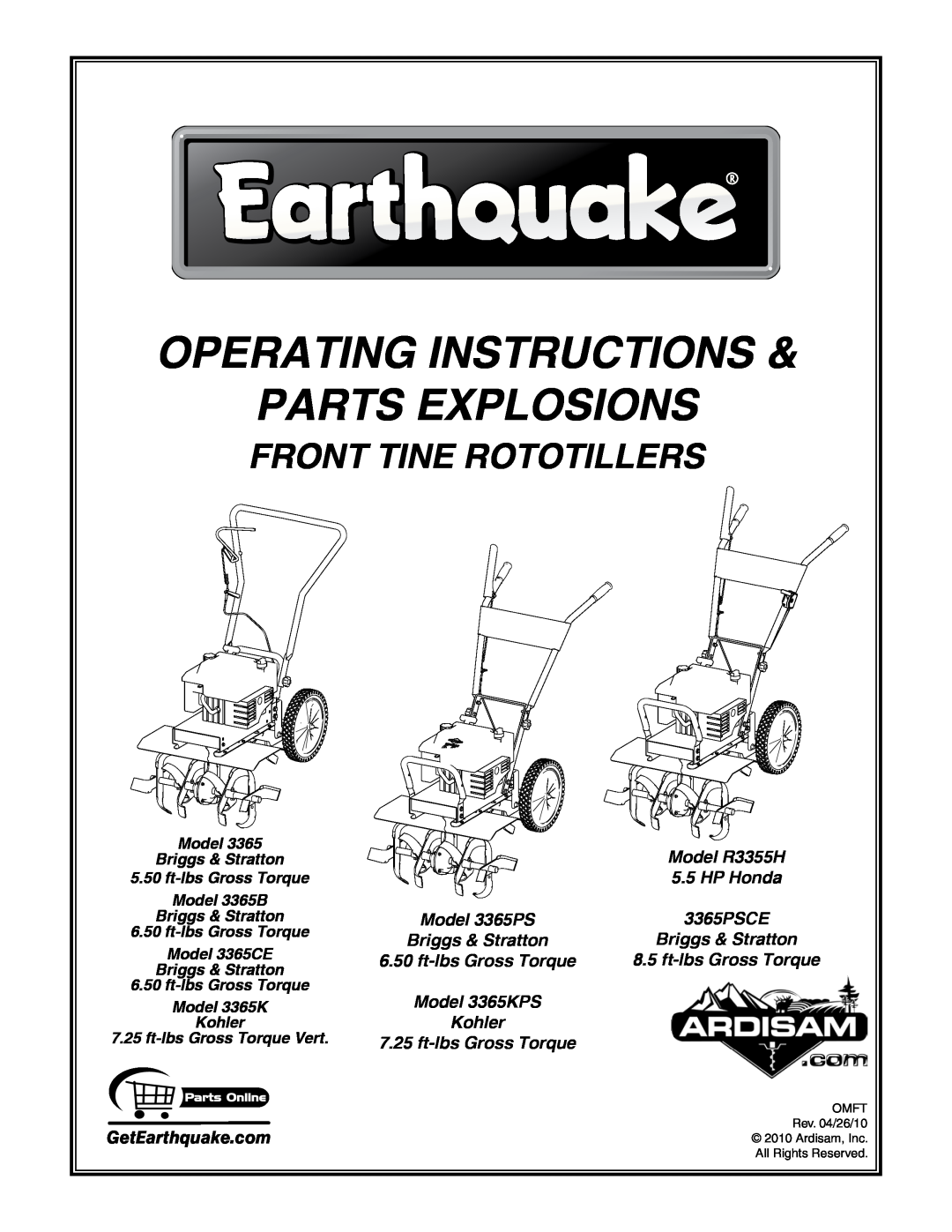 EarthQuake MODEL 3365PS manual FRONT TINE ROTOTILLERs, GetEarthquake.com, OPERATING INSTRUCTIONS Parts EXPLOSIONS, Ardi 