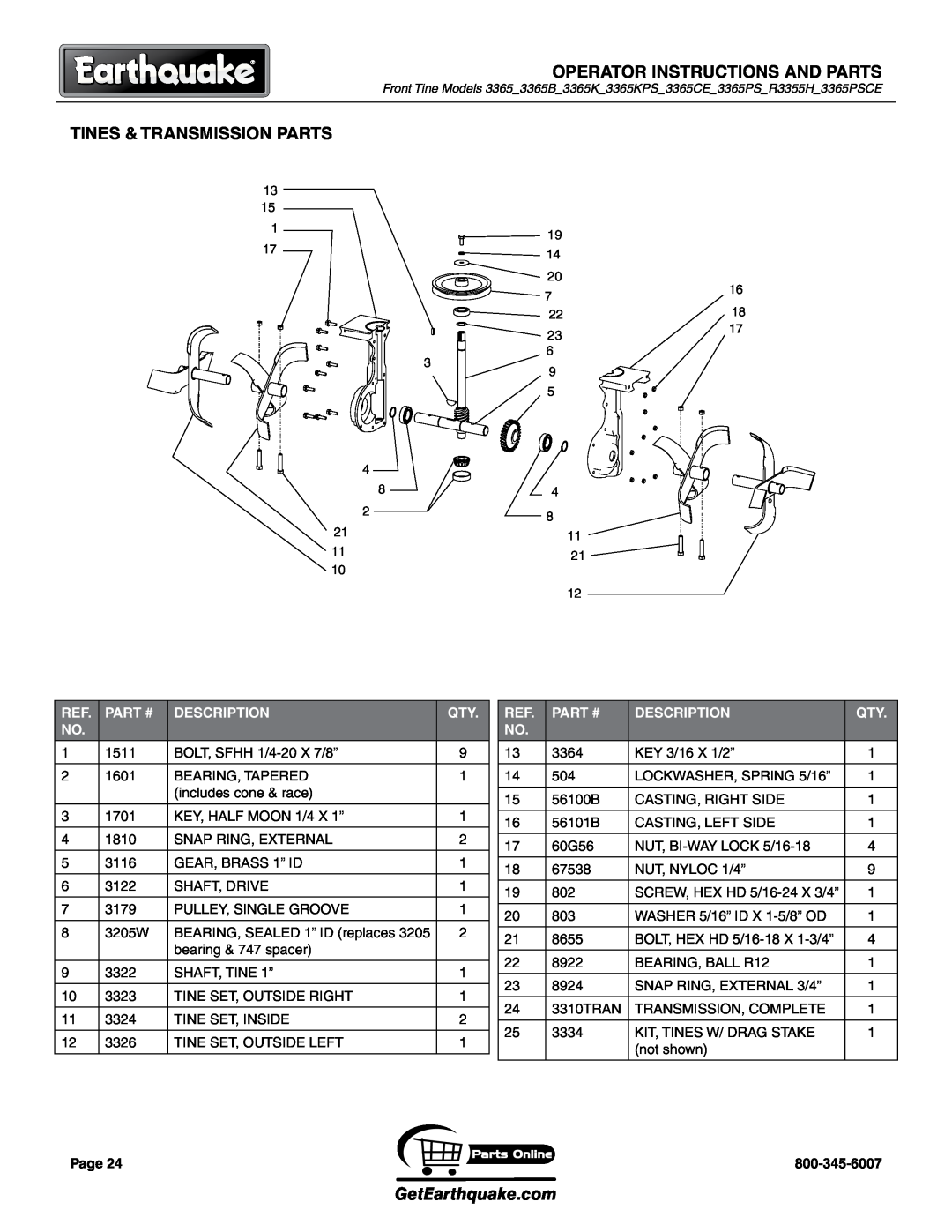 EarthQuake R3355H tines & transmission PARTS, OPERATor INSTRUCTIONS and parts, GetEarthquake.com, Part #, Description 