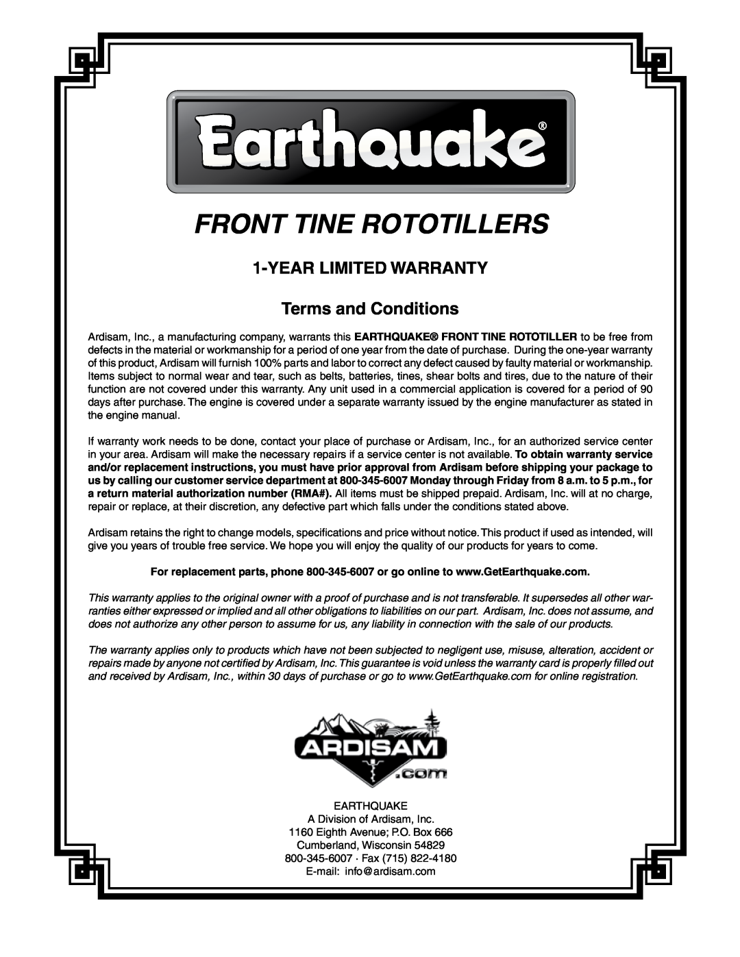EarthQuake MODEL 3365PS, R3355H, MODEL 3365K, 3365PSCE Front Tine Rototillers, YEAR Limited Warranty Terms and Conditions 