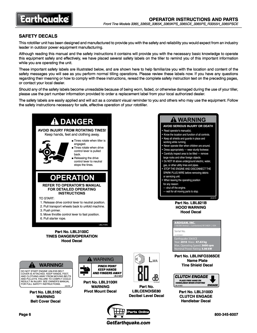 EarthQuake 3365 Safety Decals, OPERATor INSTRUCTIONS and parts, GetEarthquake.com, Ardisam, Inc, Year 2010 Mass 47.63 kg 