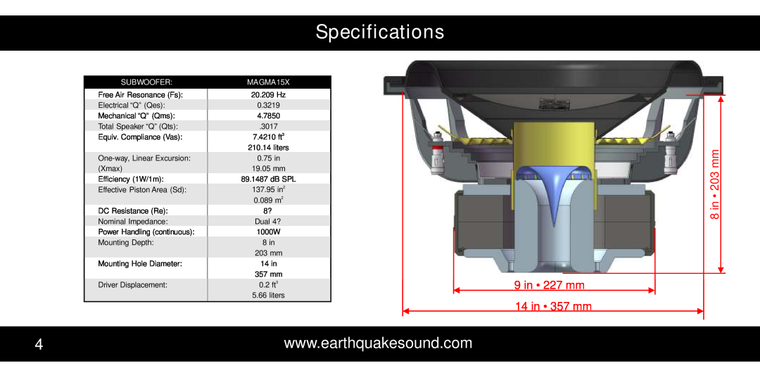 Earthquake Sound manual Specifications, 9 in 227 mm 14 in 357 mm, 8 in 203 mm, Subwoofer, MAGMA15X 