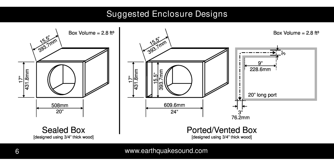 Earthquake Sound 15X Suggested Enclosure Designs, Sealed Box, Ported/Vented Box, 5” 15.7mm, designed using 3/4” thick wood 