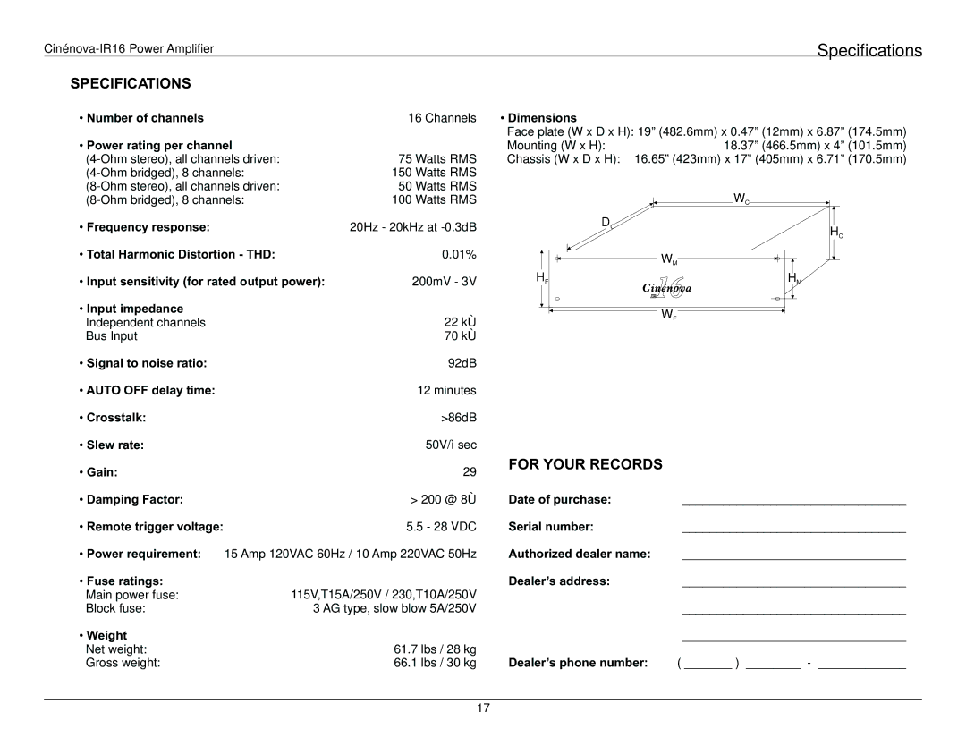 Earthquake Sound 16IR user manual Specifications 