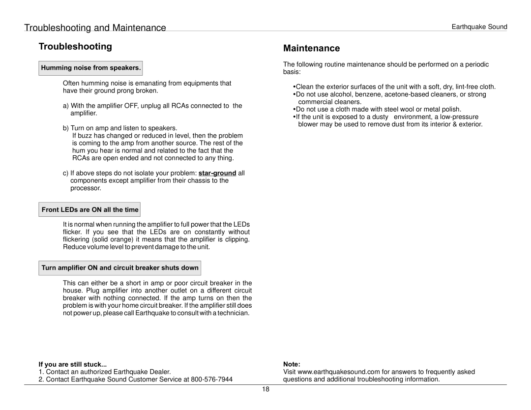 Earthquake Sound 16IR user manual Troubleshooting and Maintenance 