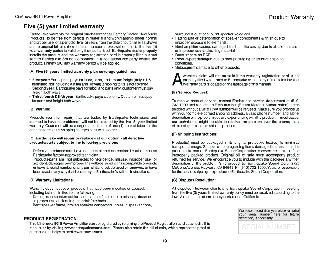 Earthquake Sound 16IR user manual Product Warranty, Five 5 year limited warranty 