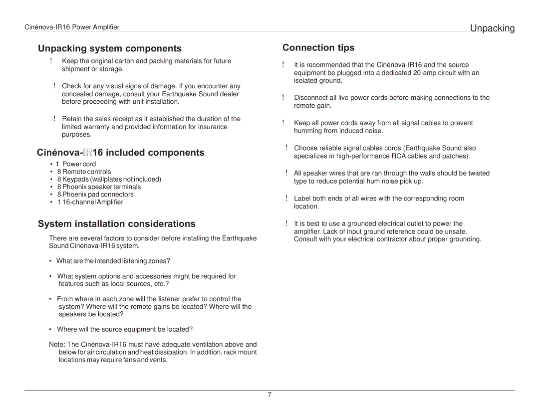 Earthquake Sound 16IR user manual Unpacking system components, Cinénova-IR16 included components, Connection tips 