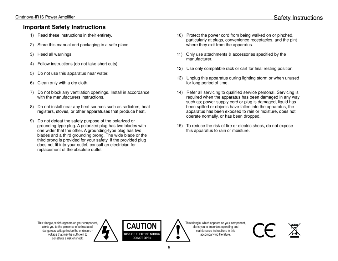 Earthquake Sound 16IR user manual Important Safety Instructions, Risk Of Electric Shock, Do Not Open 
