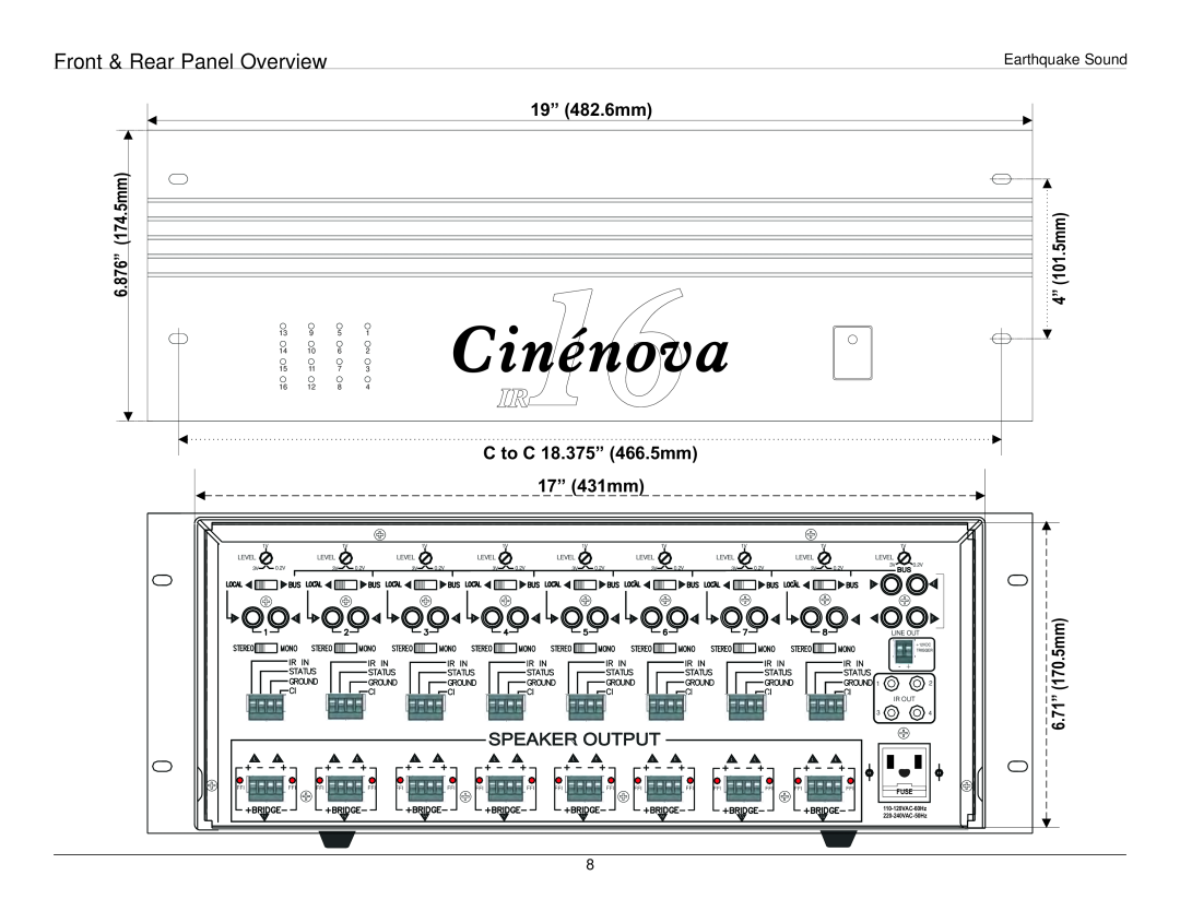 Earthquake Sound 16IR Front & Rear Panel Overview, Cinénova, IR16, 19” 482.6mm, C to C 18.375” 466.5mm, 17” 431mm, Fuse 