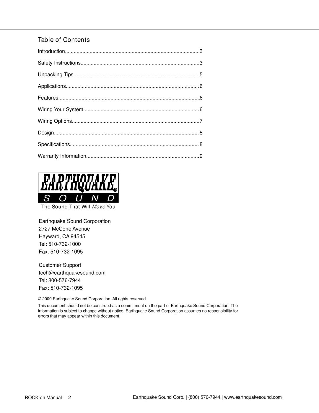 Earthquake Sound 52, 10D user manual U N D, Table of Contents 