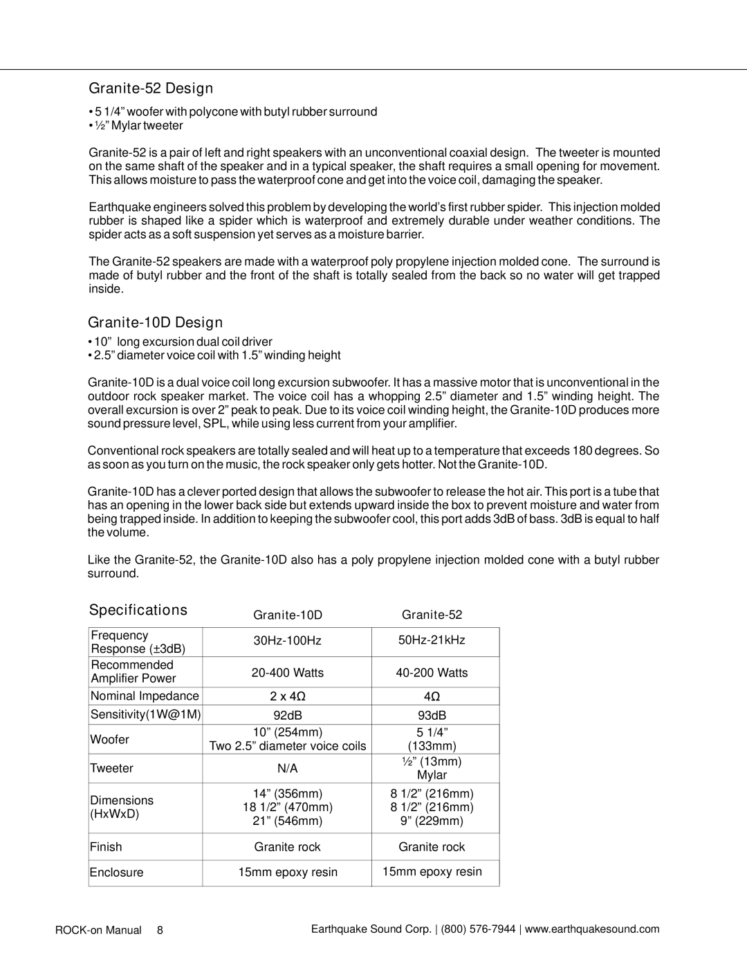 Earthquake Sound user manual Granite-52 Design, Granite-10D Design, Specifications 