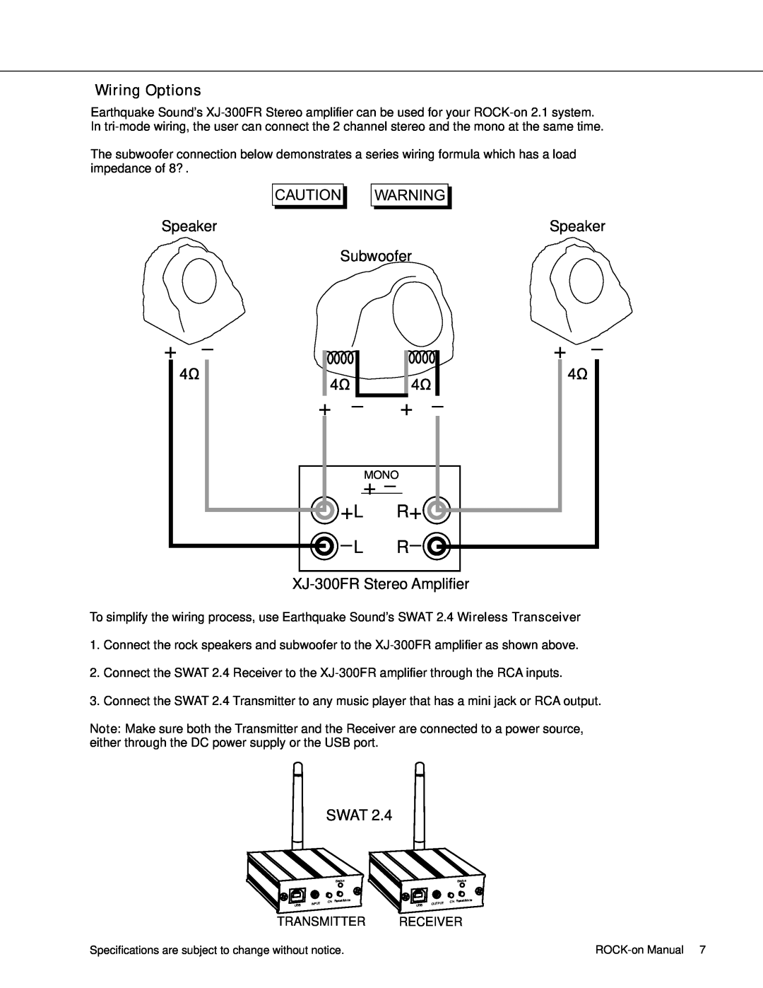Earthquake Sound 10D, 52 user manual Wiring Options, Speaker, Subwoofer, XJ-300FRStereo Amplifier, Swat 