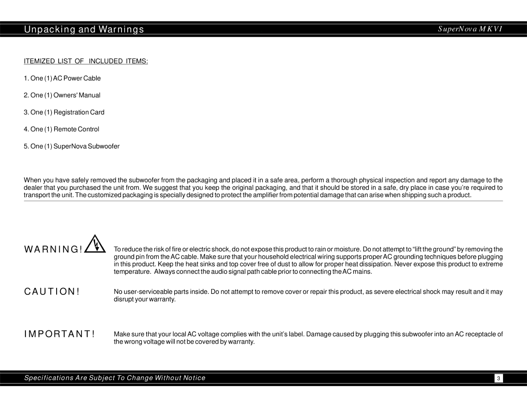 Earthquake Sound 600WRMS user manual Unpacking and Warnings, Itemized List of Included Items 