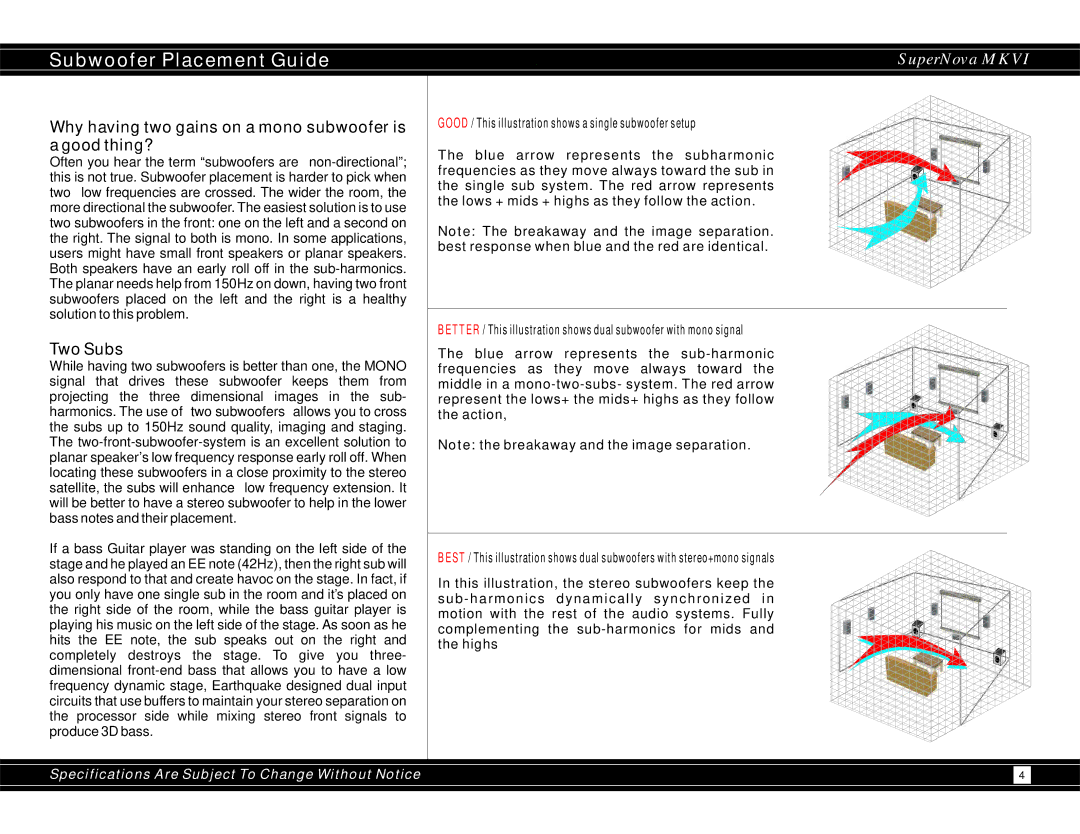 Earthquake Sound 600WRMS user manual Subwoofer Placement Guide, Good / This illustration shows a single subwoofer setup 