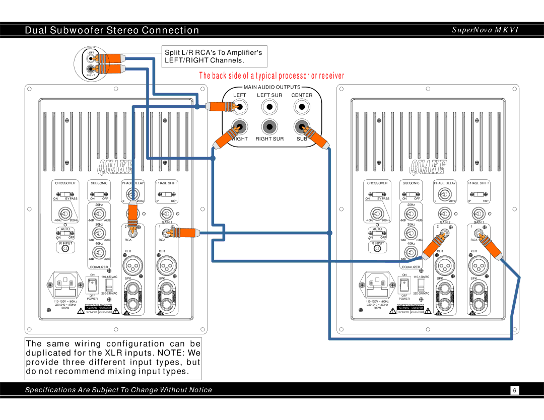 Earthquake Sound 600WRMS user manual Dual Subwoofer Stereo Connection, Split L/R RCAs To Amplifiers, LEFT/RIGHT Channels 
