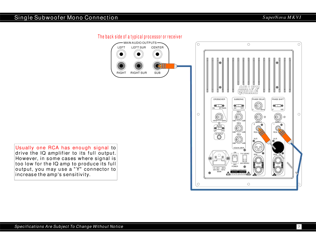 Earthquake Sound 600WRMS user manual Single Subwoofer Mono Connection, Back side of a typical processor or receiver 