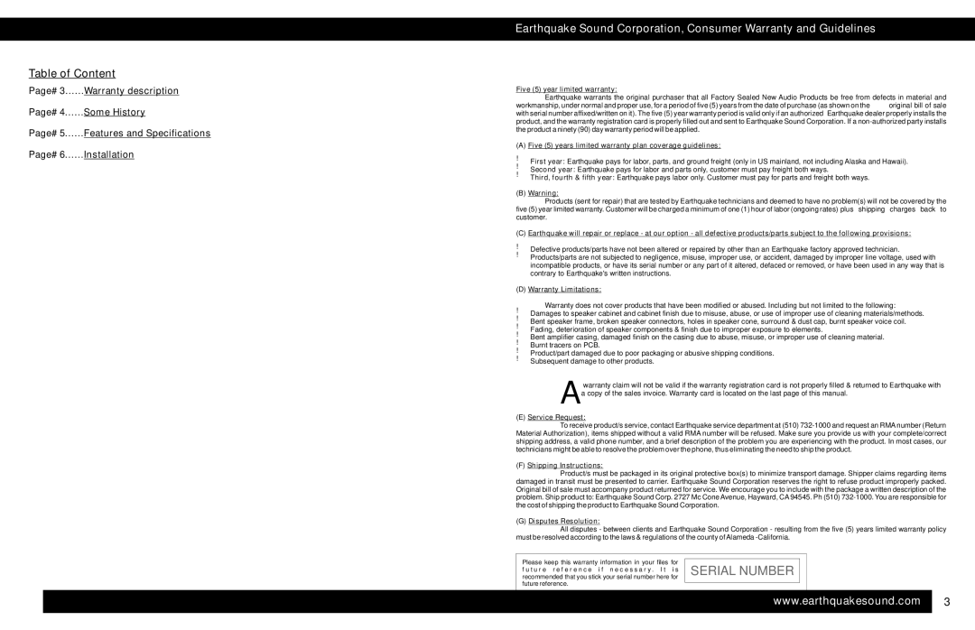 Earthquake Sound 846X specifications Table of Content, Five 5 year limited warranty 