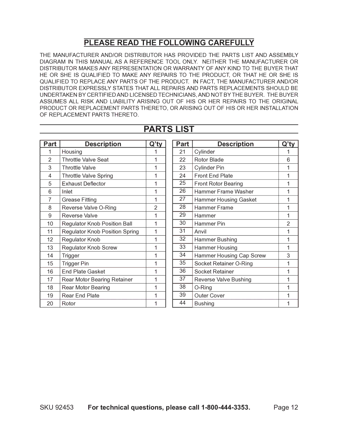 Earthquake Sound 92453 operating instructions Parts List, Part Description ’ty 