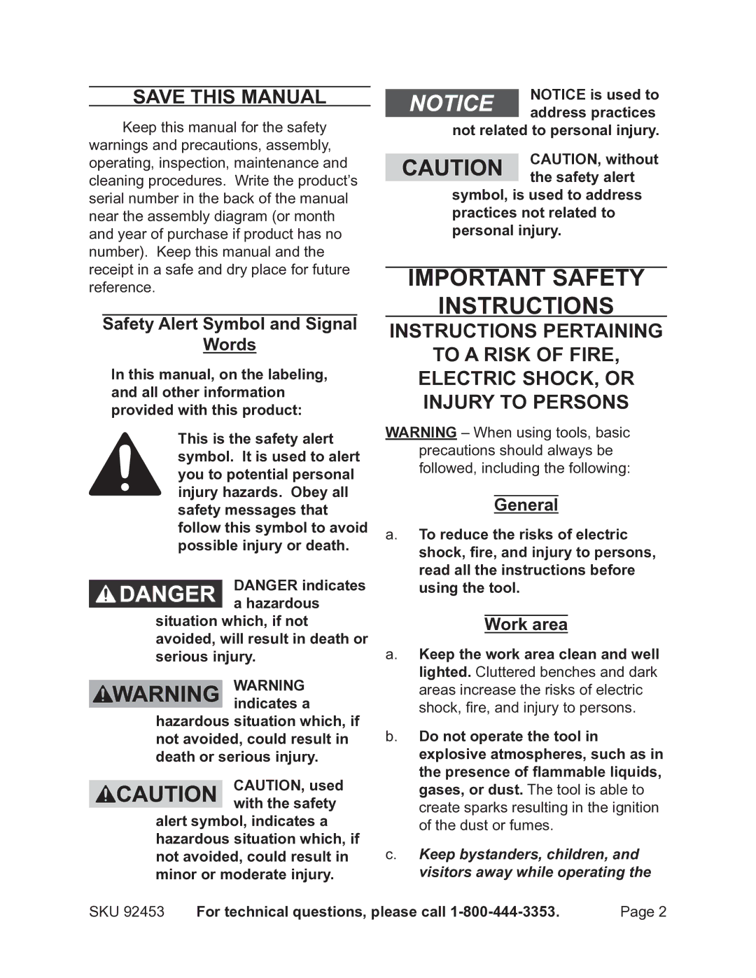 Earthquake Sound 92453 Important Safety Instructions, Save this Manual, Safety Alert Symbol and Signal Words, General 