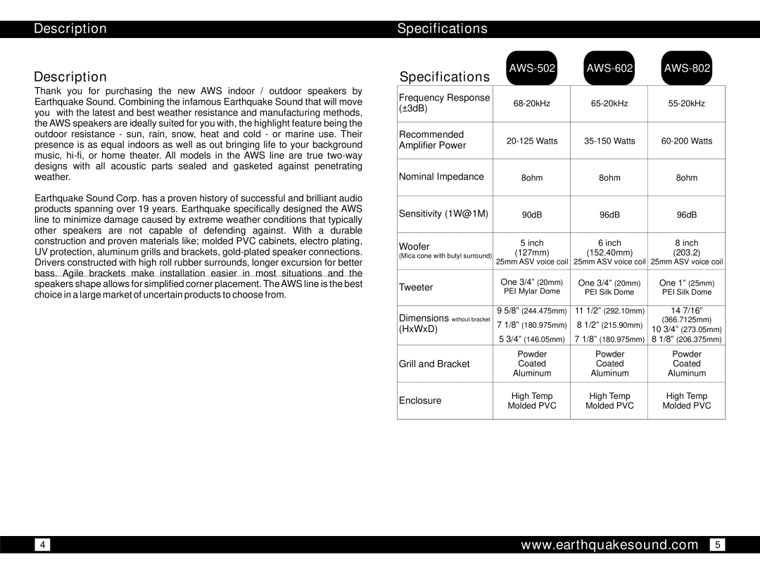 Earthquake Sound AWS-502 owner manual Description, Specifications 