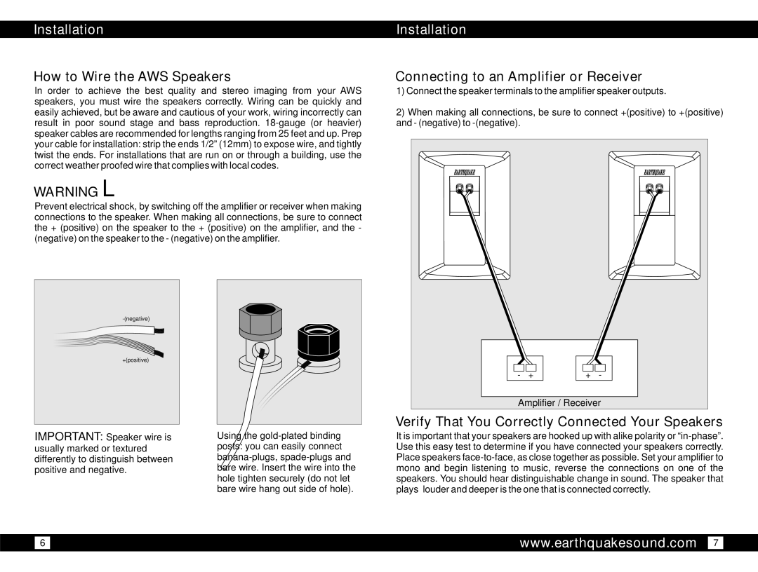 Earthquake Sound AWS-502 owner manual Installation, How to Wire the AWS Speakers, Connecting to an Amplifier or Receiver 