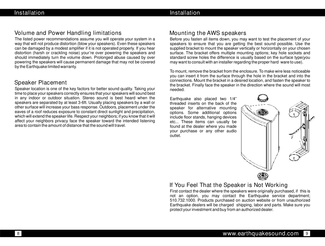 Earthquake Sound AWS-502 owner manual Volume and Power Handling limitations, Speaker Placement, Mounting the AWS speakers 