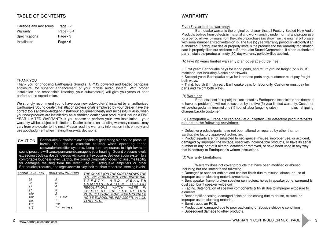 Earthquake Sound BP112 specifications Table of Contents 