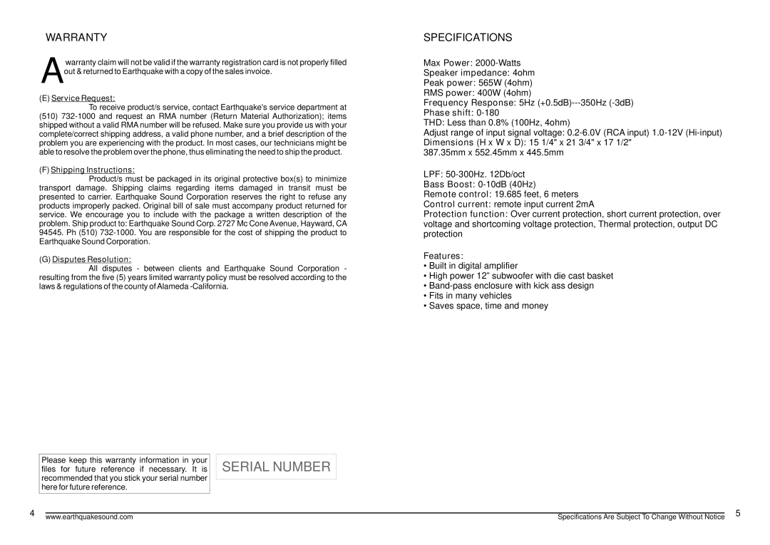 Earthquake Sound BP112 specifications Warranty, Specifications, Service Request, Shipping Instructions, Disputes Resolution 