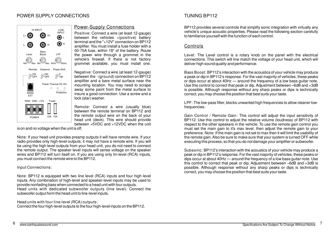 Earthquake Sound specifications Power Supply Connections, Tuning BP112 