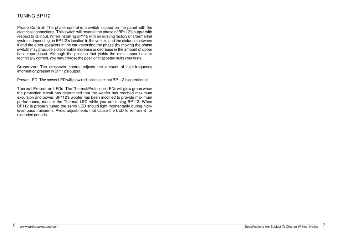 Earthquake Sound specifications Tuning BP112 