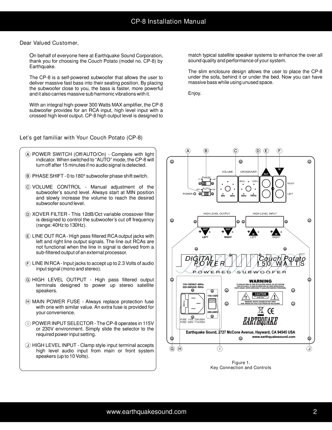 Earthquake Sound user manual Dear Valued Customer, Let’s get familiar with Your Couch Potato CP-8 