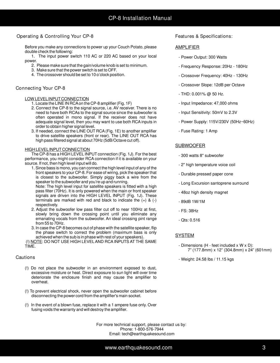 Earthquake Sound user manual Operating & Controlling Your CP-8, Connecting Your CP-8, Features & Specifications 