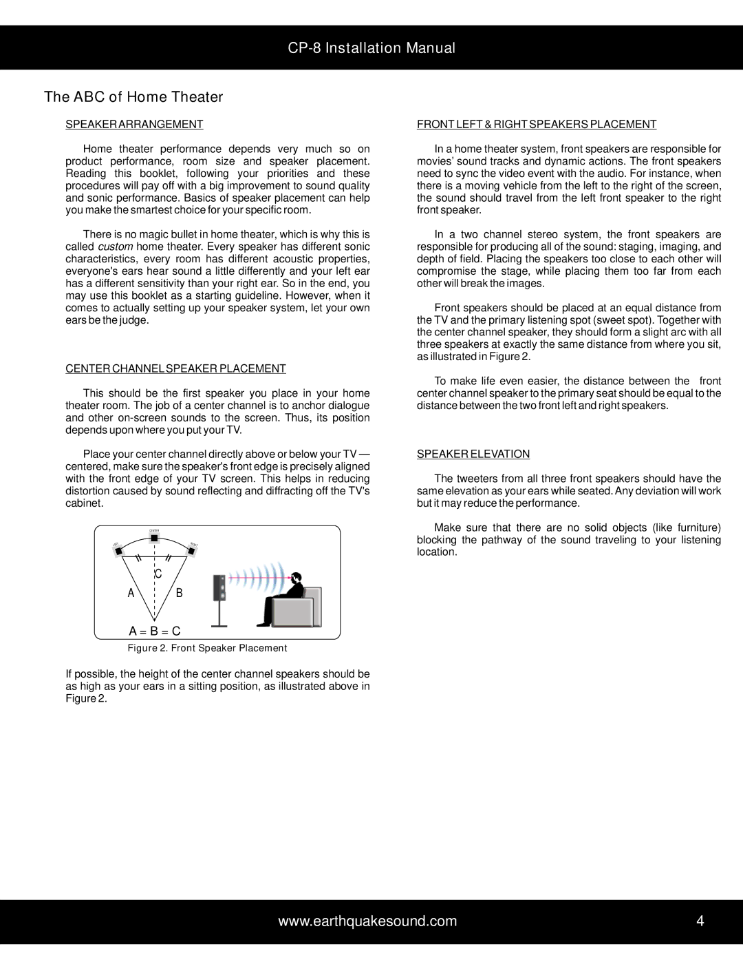 Earthquake Sound CP-8 ABC of Home Theater, Speaker Arrangement, Center Channel Speaker Placement, Speaker Elevation 